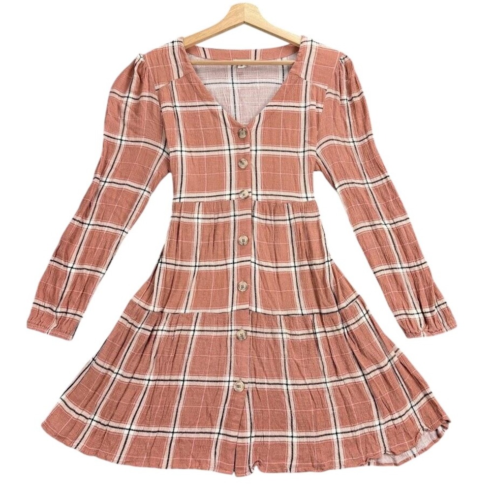 Mason & Belle Terracotta Orange Plaid Tiered Mini Dress Long Sleeve Medium